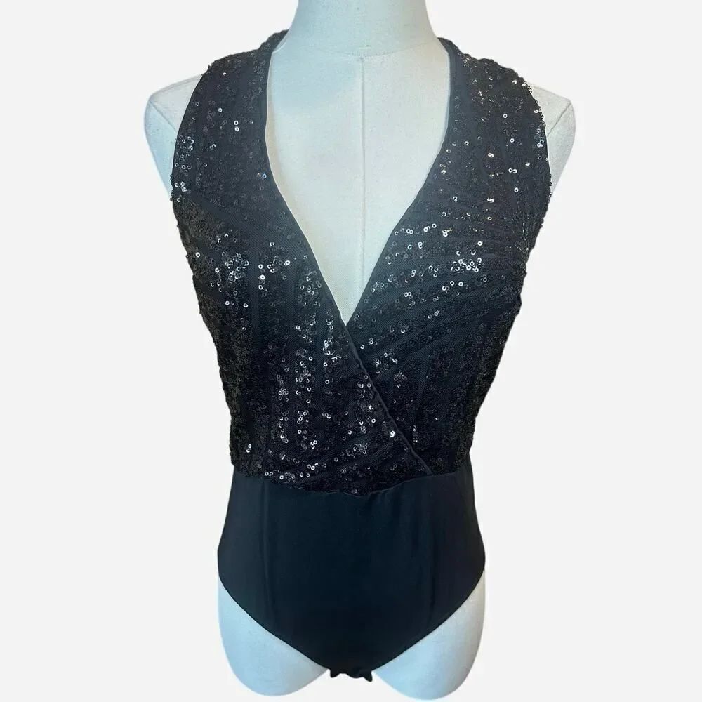 Shinestar Black Sequin Festive Halter Neck Bodysuit Snap Closure Size Small NWT
